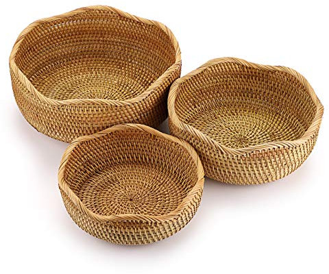 SUMTree 3pcs panier de service corbeille à fruits Panier d’osier rangement pour cookies, pain,fruits (rond,vague)