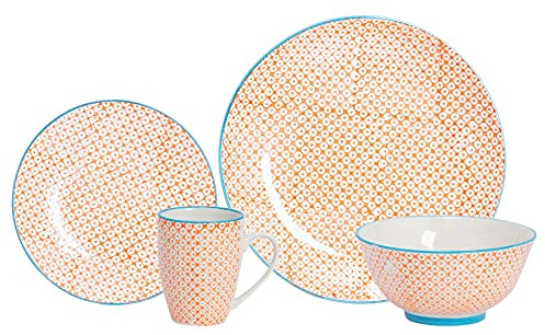 Nicola Spring Hand Printed 24 Piece Dinner Set - Orange - Stoneware Japanese Style Dinner Plates, Bowls, Side Plates and Tea Coffee Mugs for Kitchens, Cafes & Restaurants