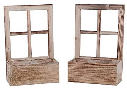 UNUS Deko Fenster aus Holz mit Blumenkasten, rechteckig, 2 Stück, Grau | Fensterrahmen im Vintage Design