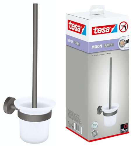 tesa Moon Grey WC-Garnitur, Set mit Halter & WC-Bürste, matt grau, satiniertes Glas - für Bäder im Industrial Style und Moderne Badezimmer - bohrfrei, inkl. Klebelösung - 112mm x 379mm x 145mm