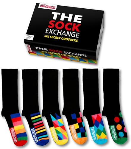 United Oddsocks The Sock Exchange Men's Odd Socks Gift Box – 6 Black Socks with Colourful Patterned Soles for Men, UK 6-11, EUR 39-46, US 7-12, Fun Business Mix & Match Socks Gift for Work, Birthdays