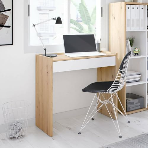 Dmora - Scrivania Fresno, Scrittoio lineare con cassetto, Tavolo da studio o ufficio porta PC, 82x40h77 cm, Rovere nodi e Bianco