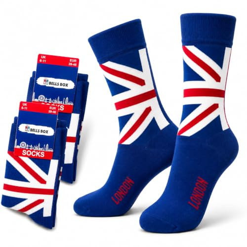 Bells Box 2 Pairs Mens Union Jack Socks - Blue Colour British Flag Sock - UJ London Man Socks - One Size