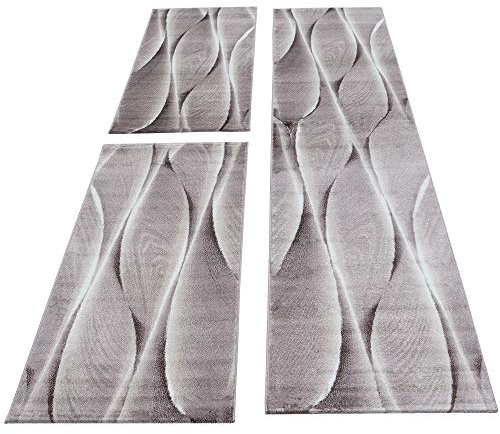 Carpettex Bettumrandung Schlafzimmer 3teilig Kurzflor Teppich Holz Optik Wellen Muster Braun Bettset:2 mal 80x150 cm + 1 mal 80x300 cm - Bettvorleger Schlafzimmer Läufer Set Bettumrandung Teppich Soft