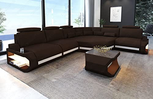 Sofa Dreams Ecksofa Asti Stoffsofa - mit LED Beleuchtung, verstellbare Kopfstützen, Ottomane/Mikrofaser/Ausrichtung wählbar (Lange Seite Links, Weiss-Dunkelbraun)