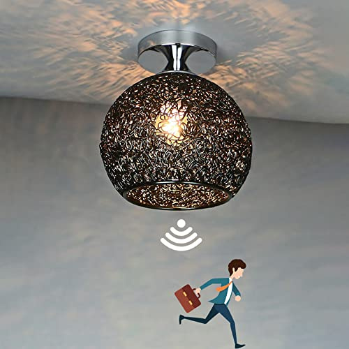 Modern LED Deckenleuchte mit Bewegungssensor Retro E27 Deckenlampe Radar Sensor Licht Metall Käfig Flurleuchte 12W 3000K Warmweiß Deckenbeleuchtung für Wohnzimmer Treppe Balkon Küche Garage Badlampe
