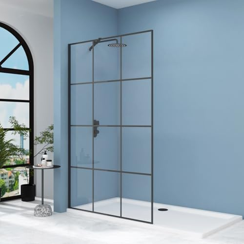 Milan 760mm Walk in Wetroom Matt Black Grid Shower Screen for Enclosure 8mm Easy Clean Toughened Safety Glass & Top Support Arm