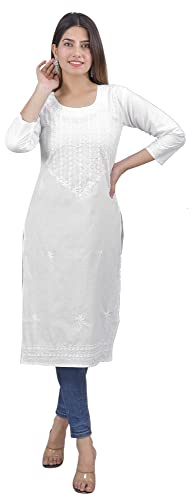 Vrnda Ricamo di Cotone Kurti | Tunica Indiana Bianca Dritta per Le Donne, Bianco, Large