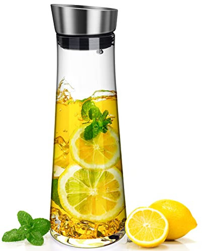 Csuntikulo Jarra de Agua de Vidrio, 1 Litros Jarra de Vidrio de Borosilicato con Tapa de Acero Inoxidable para Agua Fría Caliente té Helado Vino Café Leche y Jugo Jarra de Vidrio, Transparente