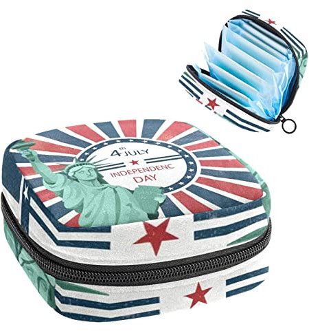 Perioden-Tasche, tragbare Tampon-Aufbewahrungstasche für Damenbinden, Statue Liberty USA Flagge Vintage Streifen, Mehrfarbig, 4.7x6.6x6.6 in/12x17x17 cm