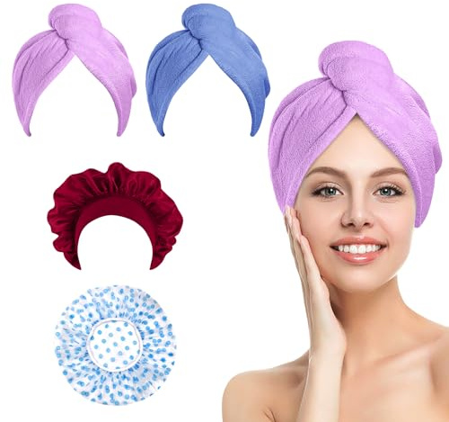 SNAIL GARDEN 4 Packungen Haarkappen-Set, 2 Mikrofaser-Haartrockentücher mit 1 Kunststoff-Dusch-Haarkappe + 1 Seiden-Schlaf-Haarschutzkappe, wiederverwendbar und leicht, für Frauen und Mädchen,