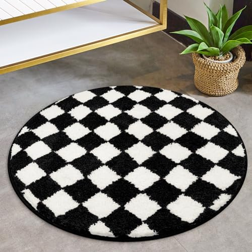 Sivilife Karierter runder Badezimmerteppich, maschinenwaschbar, Schwarz und Weiß, 60 cm Badematte