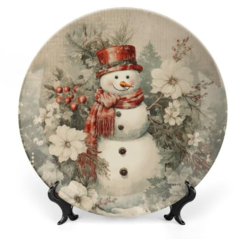 Gokays Christmas Decorative Plates, Vintage Snowman & White Rose Flower Painting Ceramic Plate Home Wobble-Plate with Display Stand, Wall Hanging Decor for Living Dining Room Kitchen Household 7 Inch