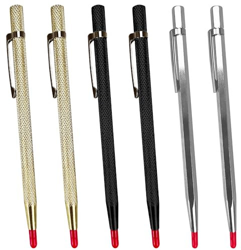 6 Pcs Tungsten Carbide Tip Scriber Tool Metal, Alloy Etching Engraving Pen with Clip, Metal Scribe Pen Tool, Engraving Etching Curve Pen Tools for Metal Sheet, Ceramics, Glass(Gold, Silver, Black)