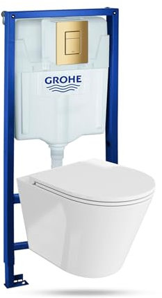 Lavita Vorwandelement Solido + Wand Hänge WC Galve Weiß Spülrandlos + WC Sitz mit Absenkautomatik Goldener Knopf Komplettset Unterputz Spülkasten Toilette Komplett Sett WC