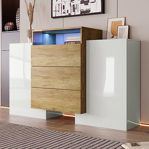 Moimhear Haushalt & Wohnen, Möbel, Sideboard, Moderner Kommode, Schrank 140cm, Hochglanz-Weiß und Holzfarbe, Mehrfarbige LED-Lichteffekte.