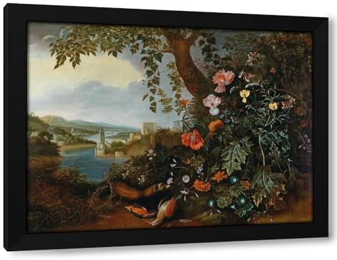 Matthias Withoos 48x36 Huge Black Modern Framed Art Print Titled: A Landscape with Flowers and a Marten and Bird Trap