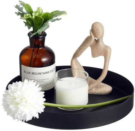 Schwarzes Dekoratives Rundes Serviertablett, Ø 20 cm - Getränke Organizer und Kerzenteller für Schmuck, Make-up, Tee-Set und Vasen