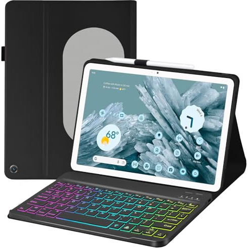 EAMPANG Funda con teclado para tablet Google Pixel de 11 pulgadas, versión 2023, teclado de carga desmontable tipo C con 7 colores, con soporte para lápices, color negro
