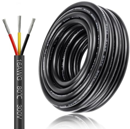 16AWG 3x1,5mm² 10Meter Elektrokabel 3-adrig Kabel, 5V/12V/24V Erdkabel verzinnte Kupferkabel, 300V flexibel und weich Stromkabel hohe Temperaturbeständigkeit Verlängerungskabel 10m