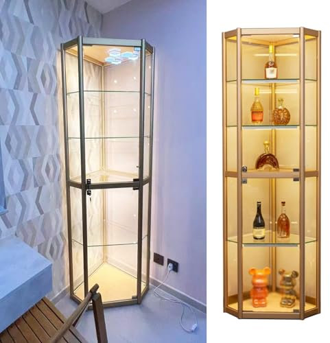 WWERTYY Eckvitrine mit Beleuchtung und Schloss, 5-stufige verstellbare Regale, beleuchtete Glasvitrine, hohe Spirituosenschränke mit durchsichtiger Figur, gehärtetes Glas