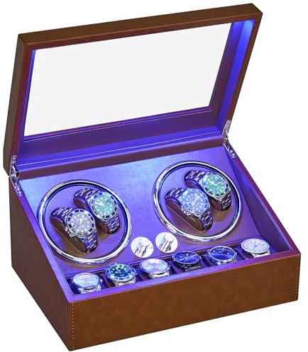 ANWBROAD Uhrenbeweger für Automatikuhren 4 Uhrenrotatoren und 6 Schlitze mit superleisen Mabuchi-Motor und LED-Hintergrundbeleuchtung Rotierender Uhrenspinner-Shaker 5 Rotationsmodi USB JWW002P