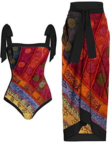 Traje de baño Traje de baño sexy de una pieza para mujer con falda cubierta, traje de baño estilo body con estampado en V profundo Vestido de playa para mujer - Un juego Trajes Traje