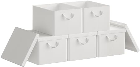 WOLTU Aufbewahrungsbox mit Deckel 5 Stück, mit Griffen, Weiß,43x33x26 cm | aus Polyesterstoff, für Schlafzimmer, Arbeitszimmer, Wohnzimmer, Organizer Box mit Griffen, faltbar,
