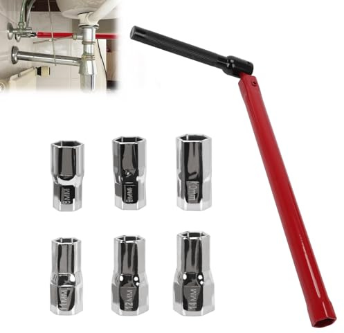 STOBBEY 8-14mm Tap Spanner Set, Tap Wrench Faucet Bathroom Back Nut Kit with 6 Changeable Wrench Socket, Adjustable Box Spanner Set Faucet Installation Tool for Bath Basin Kitchen Sink
