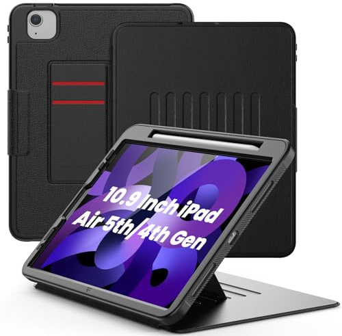 SEYMAC Funda para iPad Air 5.ª/4.ª Generación 2022/2020 10,9 Pulgadas, Funda Protectora Completa con Auto Sueño/Despertar, con 7 ángulos de Soporte, Soporte para Lápiz, Negro