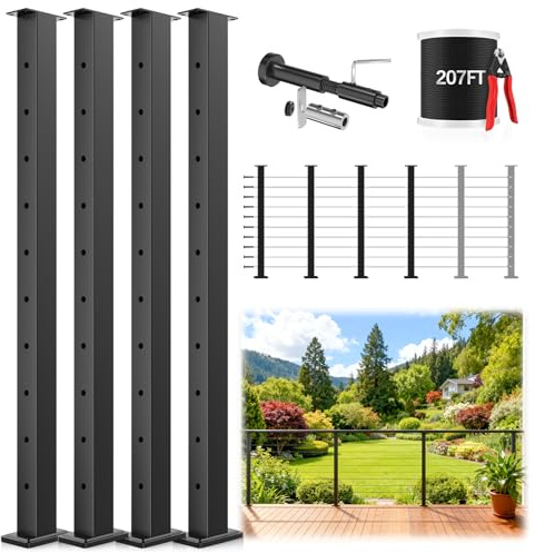 Gyykzz 12-20FT Swageless Black Cable Railing Kit 36, 4 Level Post Kit Cable Railing System with Patent Swageless Reusable Terminal, SST304 Upgraded Black Coated Railing System with DIY Cable Length