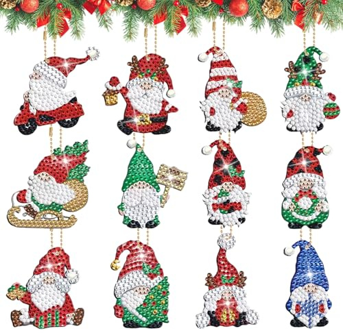 CAINCAY 5D Diamond Painting Weihnachten Anhänger, 12 Stück Diamond Painting Schlüsselanhänger Weihnachtsmann Schlüsselanhänger, Schneemann Diamant Malerei für Weihnachtsbaum Deko