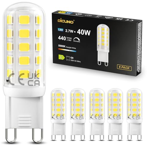DiCUNO Dimmable Ampoule LED G9 2.7W, Blanc froid 5000K, 440lm, Lot de 6 | équivalent 40W halogène, Base en céramique, Ampoule G9 LED 230V pour lustres, plafonniers et lampes de table