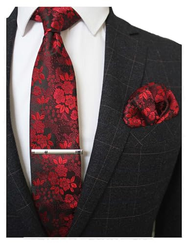 RBOCOTT Red Floral Tie Necktie and Pocket Square Tie Clip Sets for Men(1)