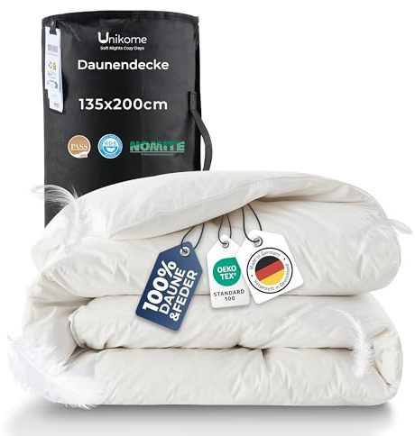UNIKOME Daunen Bettdecke 135x200, Winter Daunendecke mit 1500g Füllung aus Daunen und Federn, 100% Baumwolle, Made in Germany, Oeko-Tex, Downpass & Nomite Zertifiziert, Waschbar