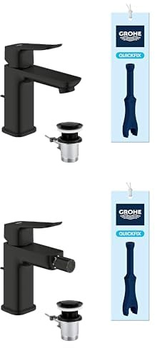 GROHE Dice Set Rubinetto miscelatore per lavabo + Rubinetto miscelatore per bidet con piletta click-clack, nero opaco, 1018562430 +1018772430