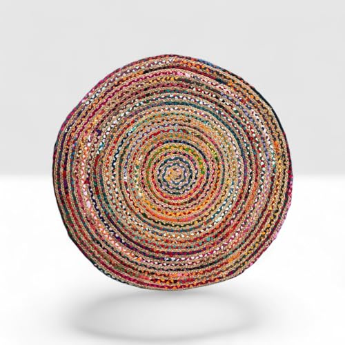 LaVelahome Tappeto Rotondo in Juta e Cotone Multicolore, Intrecciato e Cucito a Mano, Stile Etinco Naturale Tondo Esterno Interno (110_cm_Diametro)