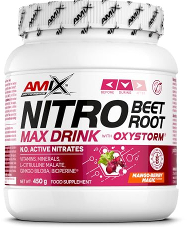 Amix NITRO Beet Root MAX Drink – 450 g – Fórmula con nitratos de remolacha y Oxystorm® – Con Cluster Dextrin®, L-citrulina malato, vitaminas y minerales – Sabor Mango Berry