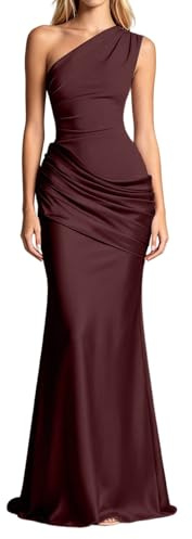 Robe Longue Asymétrique Épaules Dénudées sans Manches Trapèze Plissée Bodycon Couleur Unie avec Fente, Robe Élégante pour Mariage Demoiselle Bal Promo Cocktail Festive Femme