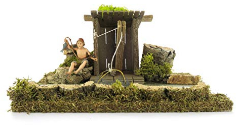 Ferrari & Arrighetti Flussabschnitt für Krippe mit Fischer und Hütte, Bertoni Weihnachtslinie, Holz, Mehrfarbig, 26 x 18 x 11 cm
