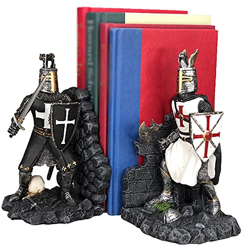 Ebros Buchstützen-Statue, Schwarz und Weiß, mittelalterlicher Kreuzritter, Ritter, 19.1 cm, hoch, Set, Anzug von Rüstung, Schwertmann, Zeitalter der Könige, dekorative Buchstützen Skulptur