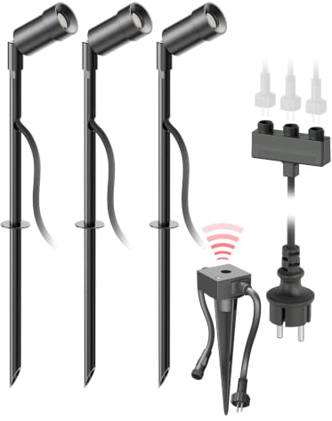 ledscom.de LED Gartenstrahler Spico schwarz mit Erdspieß und Dämmerungssensor für außen IP44 je 105lm warm-weiß 3er Set