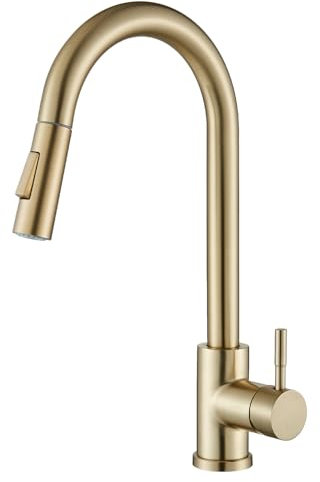Suguword Brushed Gold Kitchen Tap, Pull Down Sprayer Tap with High Arc Spout, Single Handle Stainless Steel Mixer Tap, Dual Function Spray Head