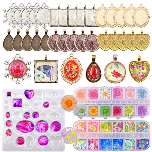 SNAIL GARDEN Cabochon Set, Cabochon Anhänger Harz mit 30 Rund Quadratisch Herz Tropfen Oval Anhängerfassungen+Schmetterling Glitter+Getrocknete Blume für Anhänger Halskette DIY Basteln