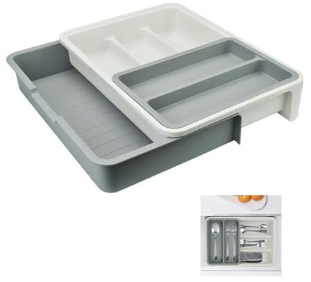 KLYNGTSK Portaposate Portautensili Organizzatore Antiscivolo Portaposate 3-in-1 Inserti espandibili per cassetti da cucina con 7 scomparti per stoviglie Utensili da cucina Argenteria Pentole(Grigio)