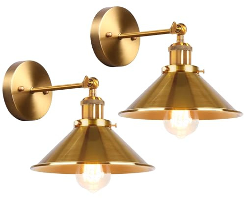 iDEGU 2 Stück Wandleuchte Industrielle Vintage Wandlampe Deckenleuchte Edison-Stil Metall Retro Lampe mit 180° Drehung E27 Fassung, 22 cm Lampenschirm (Gold/Messing)