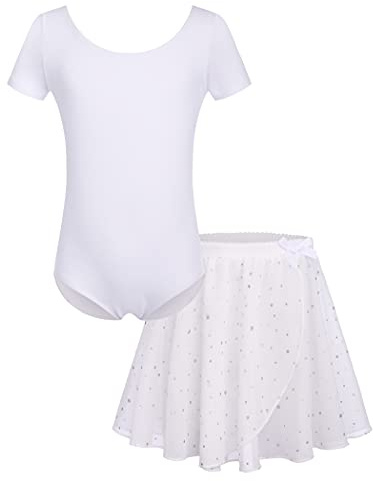 Bricnat Filles Vêtements de Ballet Robe de Ballet Body de Danse Justaucorps Robe de Danse à Manches Courtes avec Tutu Coton pour Enfantss Blanc