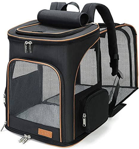 Lekereise Haustier-Tragerucksack Erweiterbarer Katzenrucksack für kleine Hunde Katzen, Hunderucksack Tasche mit atmungsaktivem Mesh und innerer Sicherheitsleine, Schwarz