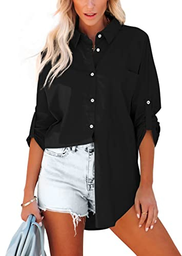 Homlan Damblus, bomull, långärmad, rullad, eleganta toppar, lediga skjortor, knapprad, enfärgad, långärmad skjorta, tunika, skjortblus med bröstfickor, svart, S