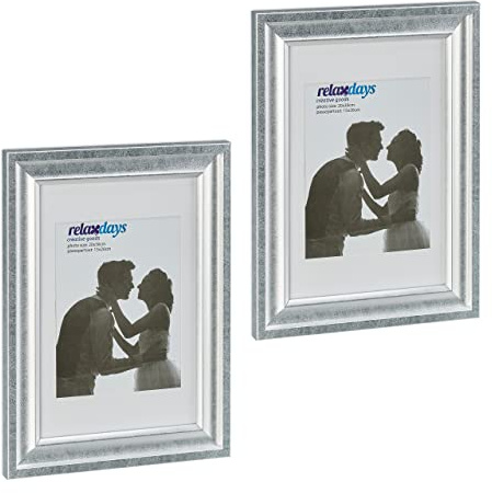 Relaxdays Bilderrahmen 2er Set, 20x30 cm, Hoch- & Querformat, Fotorahmen zum Aufhängen, Hinstellen, Passepartout, silber